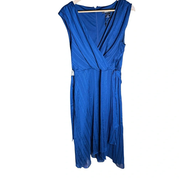DKNY women’s Chiffon metallic NAVY BLUE Midi Dress Hi-Low Lined Belted Size 8 - Picture 1 of 10